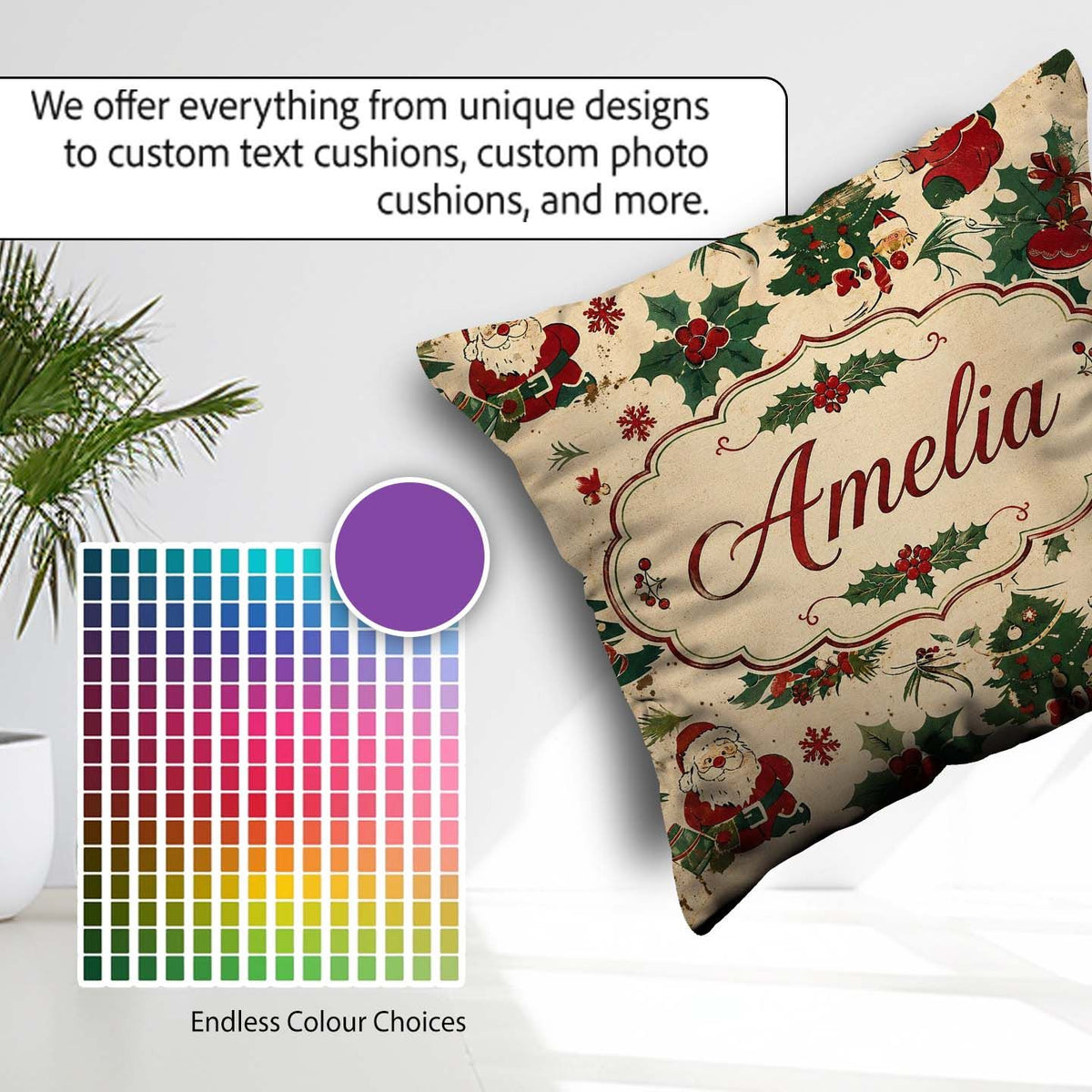 Custom Name Cartoon Santa Christmas Trees Holly Berries Seamless Square Filled Cushion Throw Pillow Sofa Bed Home Decor Zip Washable UK Made