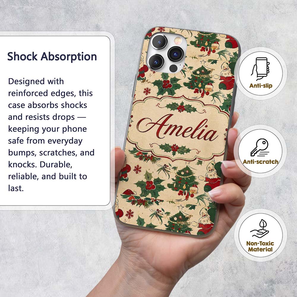 Cute Cartoon Santa Christmas Trees Holly Berries Custom Name Protective Phone Case Mobile Cover Durable Everyday Smartphone Shock Resistant