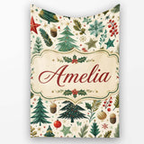 Modern Christmas Trees Holly Leaves Snowflakes Winter Seamless  Personalised Custom Name Super Soft Fleece Blanket Bed Sofa Throw