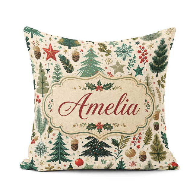 Custom Name Modern Trees Holly Leaves Snowflakes Winter Seamless Square Filled Cushion Throw Pillow Sofa Bed Home Decor Zip Washable UK Made