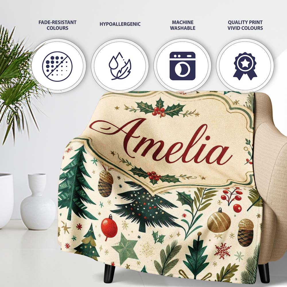 Modern Christmas Trees Holly Leaves Snowflakes Winter Seamless  Personalised Custom Name Super Soft Fleece Blanket Bed Sofa Throw