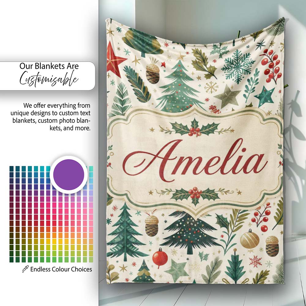 Modern Christmas Trees Holly Leaves Snowflakes Winter Seamless  Personalised Custom Name Super Soft Fleece Blanket Bed Sofa Throw