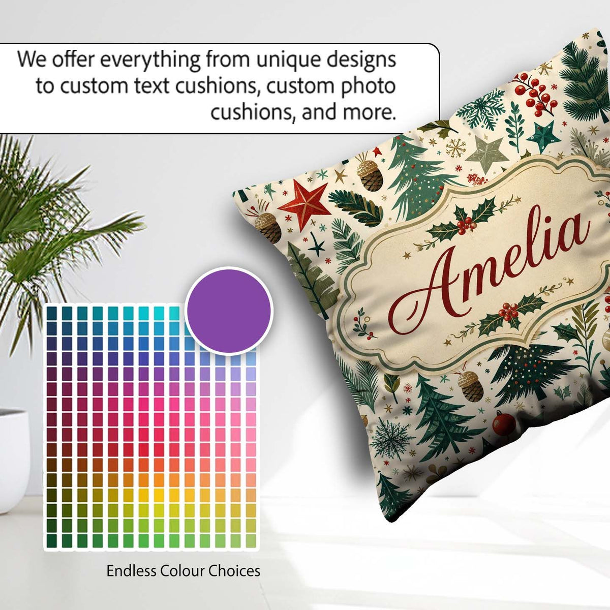 Custom Name Modern Trees Holly Leaves Snowflakes Winter Seamless Square Filled Cushion Throw Pillow Sofa Bed Home Decor Zip Washable UK Made