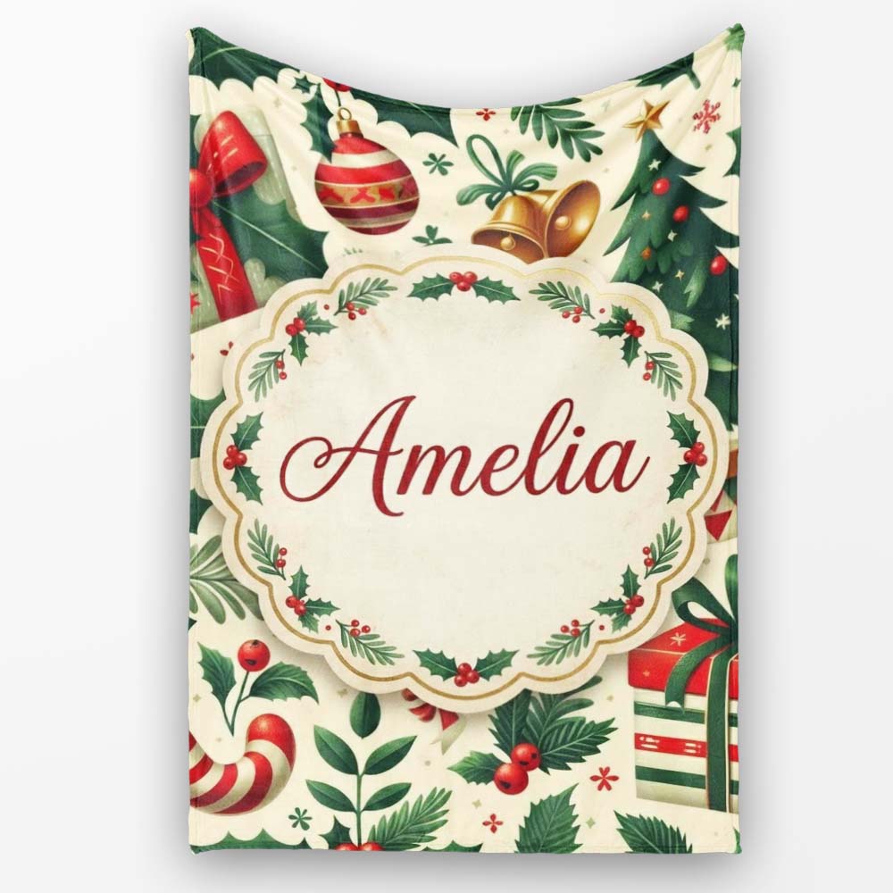 Festive Christmas Stocking Gifts Bells Holly Leaves Seamless Pattern  Personalised Custom Name Super Soft Fleece Blanket Bed Sofa Throw