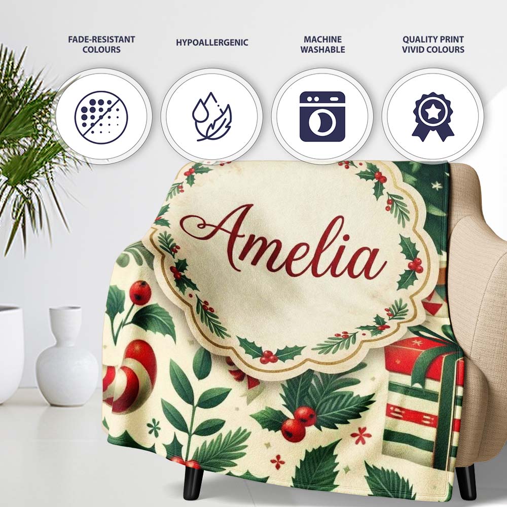 Festive Christmas Stocking Gifts Bells Holly Leaves Seamless Pattern  Personalised Custom Name Super Soft Fleece Blanket Bed Sofa Throw