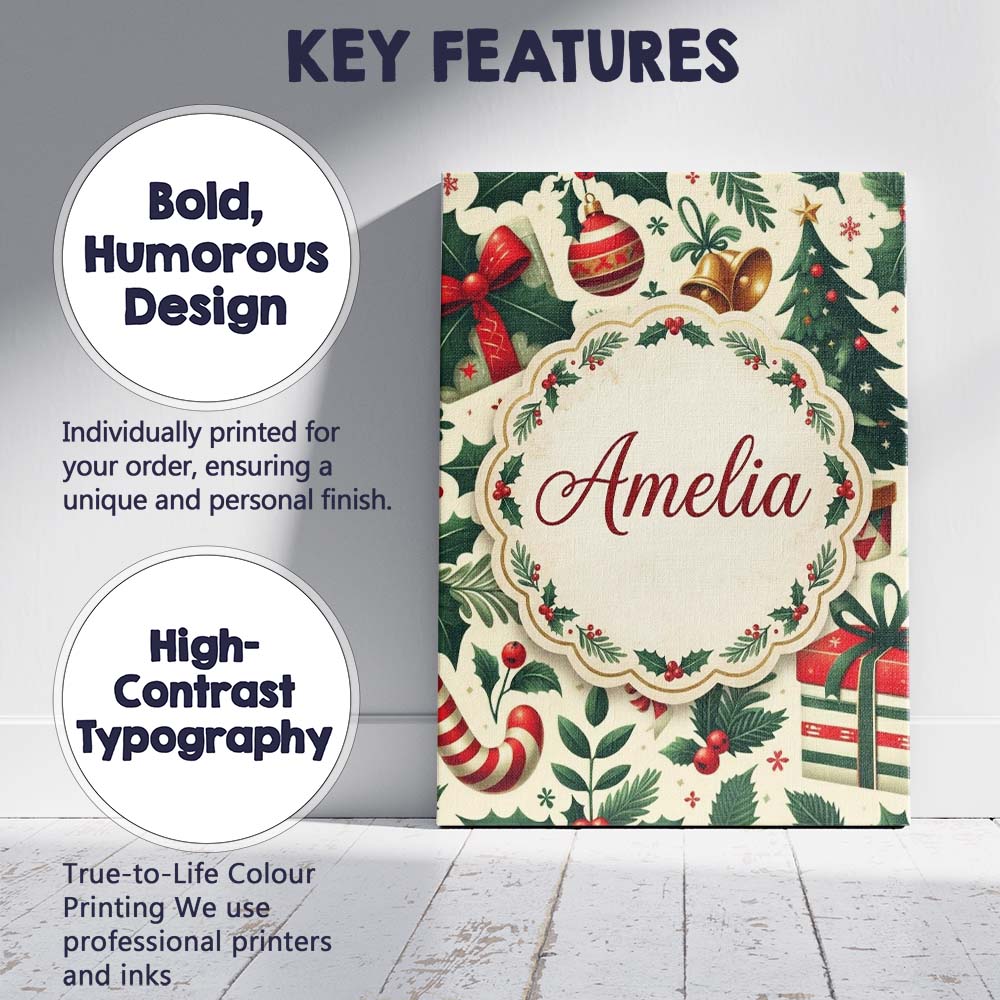 Personalised Name Festive Christmas Stocking Custom Bespoke  Contemporary Display Canvas Wall Art Print Decor Picture Ready to Hang