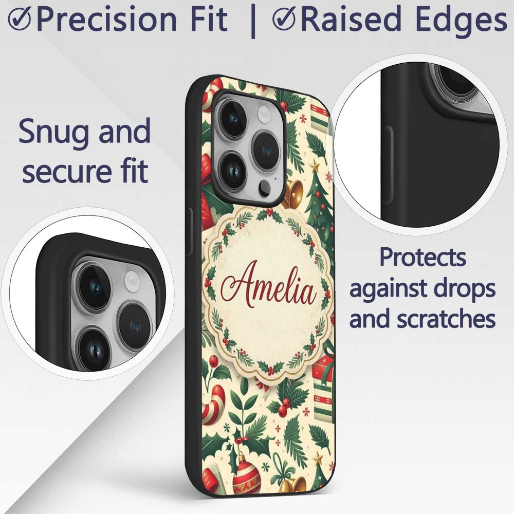 Festive Christmas Stocking Gifts Bells Holly Custom Name Protective Phone Case Mobile Cover Durable Everyday Smartphone Shock Resistant