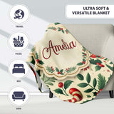 Festive Christmas Stocking Gifts Bells Holly Leaves Seamless Pattern  Personalised Custom Name Super Soft Fleece Blanket Bed Sofa Throw