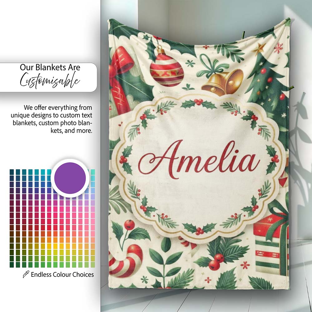 Festive Christmas Stocking Gifts Bells Holly Leaves Seamless Pattern  Personalised Custom Name Super Soft Fleece Blanket Bed Sofa Throw