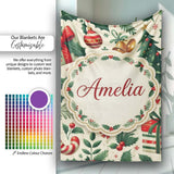 Festive Christmas Stocking Gifts Bells Holly Leaves Seamless Pattern  Personalised Custom Name Super Soft Fleece Blanket Bed Sofa Throw