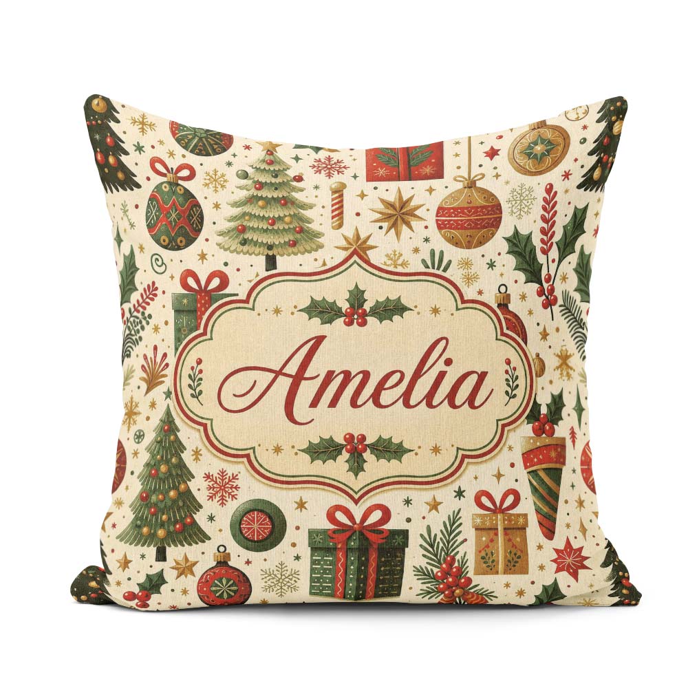 Custom Name Classic Christmas Tree Gifts Ornaments Stars Holiday Square Filled Cushion Throw Pillow Sofa Bed Home Decor Zip Washable UK Made