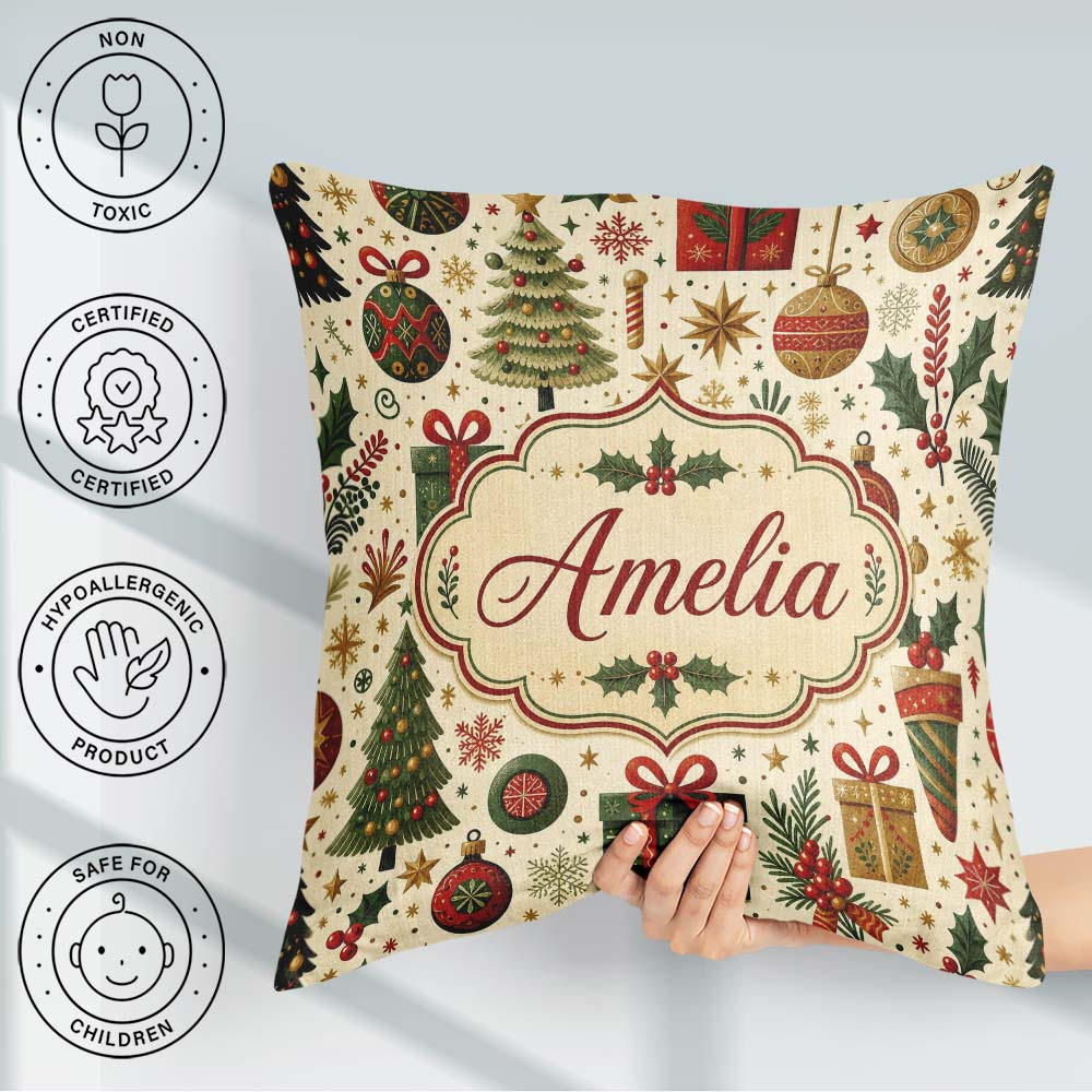 Custom Name Classic Christmas Tree Gifts Ornaments Stars Holiday Square Filled Cushion Throw Pillow Sofa Bed Home Decor Zip Washable UK Made