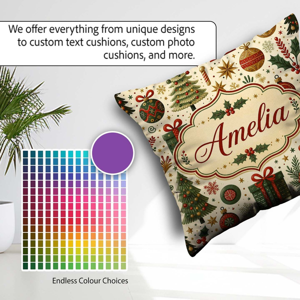 Custom Name Classic Christmas Tree Gifts Ornaments Stars Holiday Square Filled Cushion Throw Pillow Sofa Bed Home Decor Zip Washable UK Made