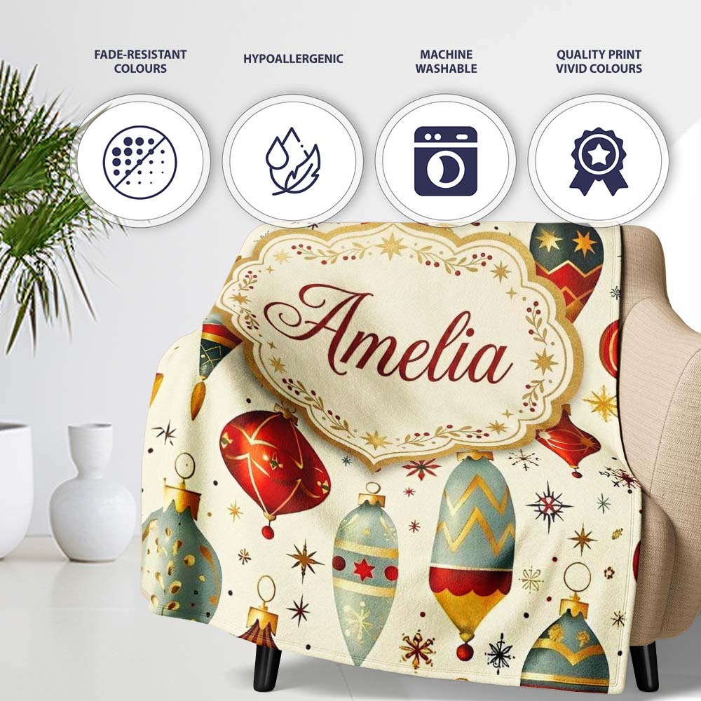 Vintage Christmas Baubles Ornaments Stars Elegant Holiday Seamless  Personalised Custom Name Super Soft Fleece Blanket Bed Sofa Throw