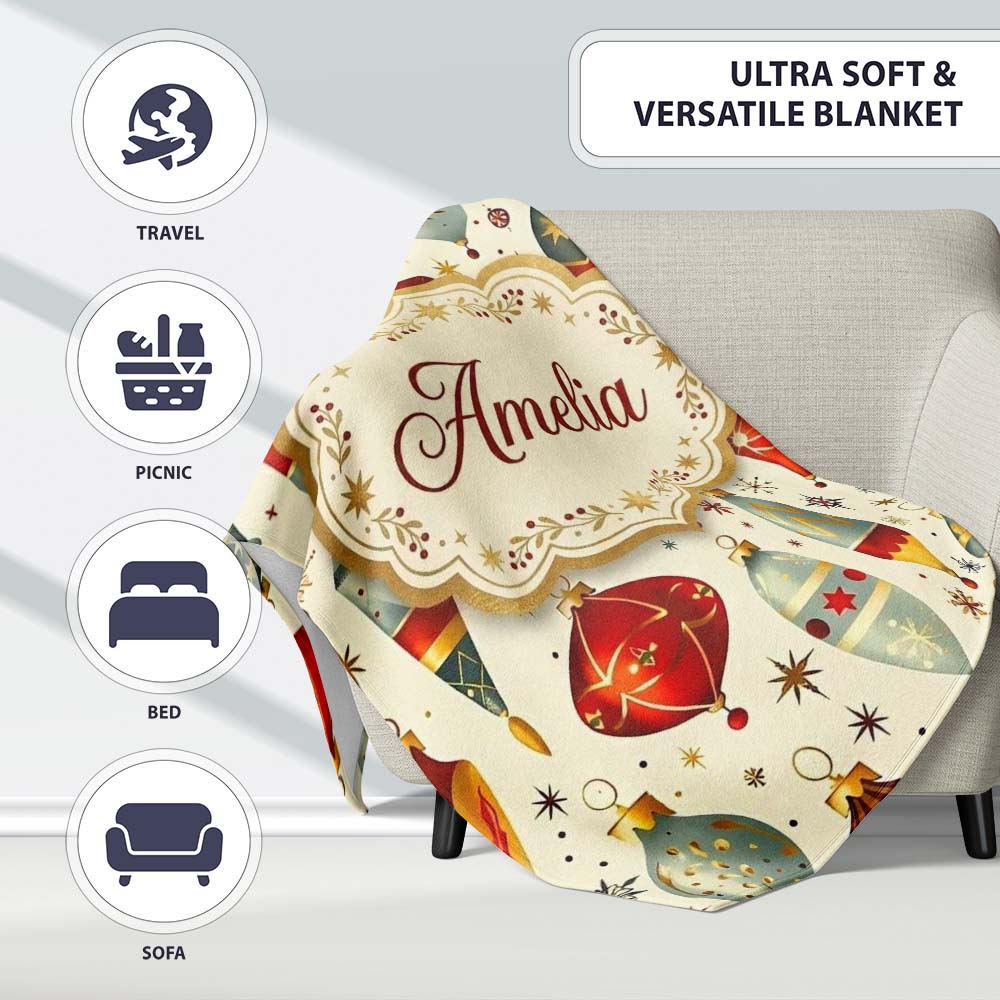 Vintage Christmas Baubles Ornaments Stars Elegant Holiday Seamless  Personalised Custom Name Super Soft Fleece Blanket Bed Sofa Throw