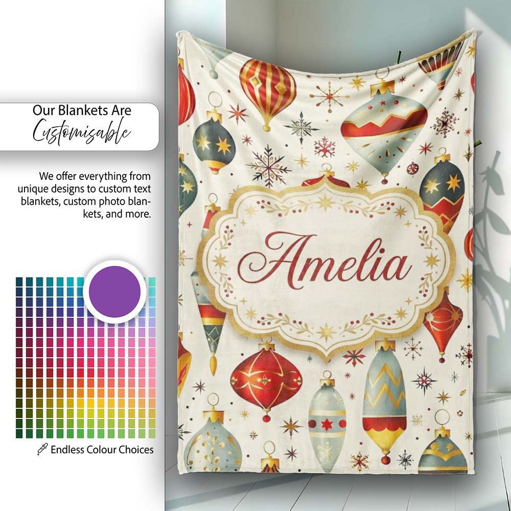 Vintage Christmas Baubles Ornaments Stars Elegant Holiday Seamless  Personalised Custom Name Super Soft Fleece Blanket Bed Sofa Throw