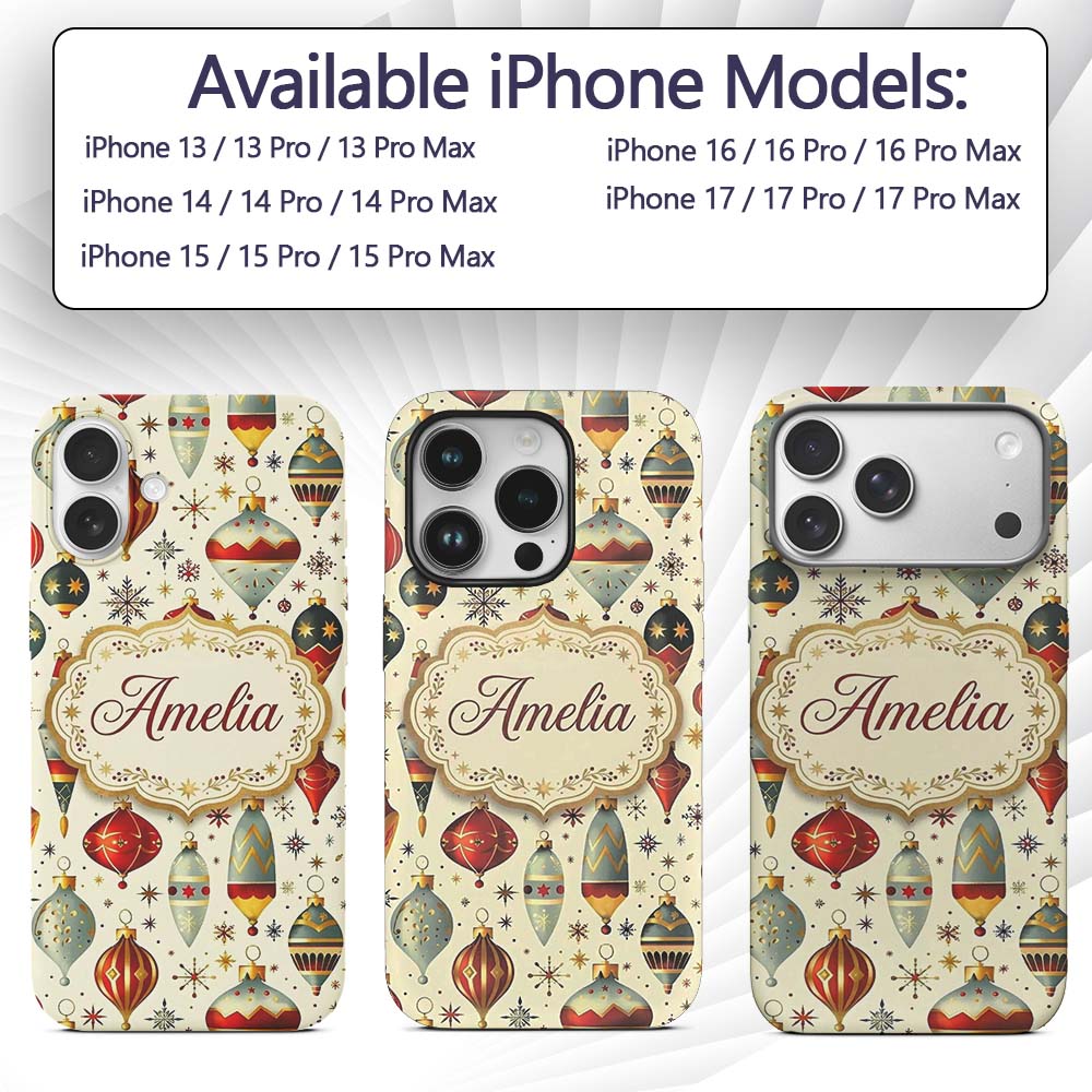 Vintage Christmas Baubles Ornaments Stars Elegant Custom Name Protective Phone Case Mobile Cover Durable Everyday Smartphone Shock Resistant