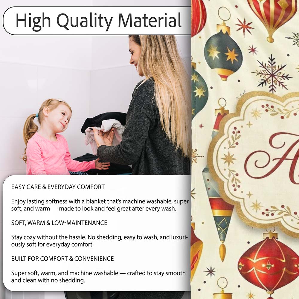 Vintage Christmas Baubles Ornaments Stars Elegant Holiday Seamless  Personalised Custom Name Super Soft Fleece Blanket Bed Sofa Throw