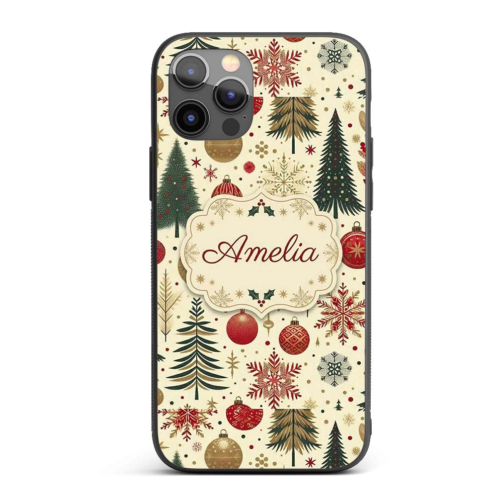 Vintage Christmas Trees Baubles Snowflakes Red Custom Name Protective Phone Case Mobile Cover Durable Everyday Smartphone Shock Resistant