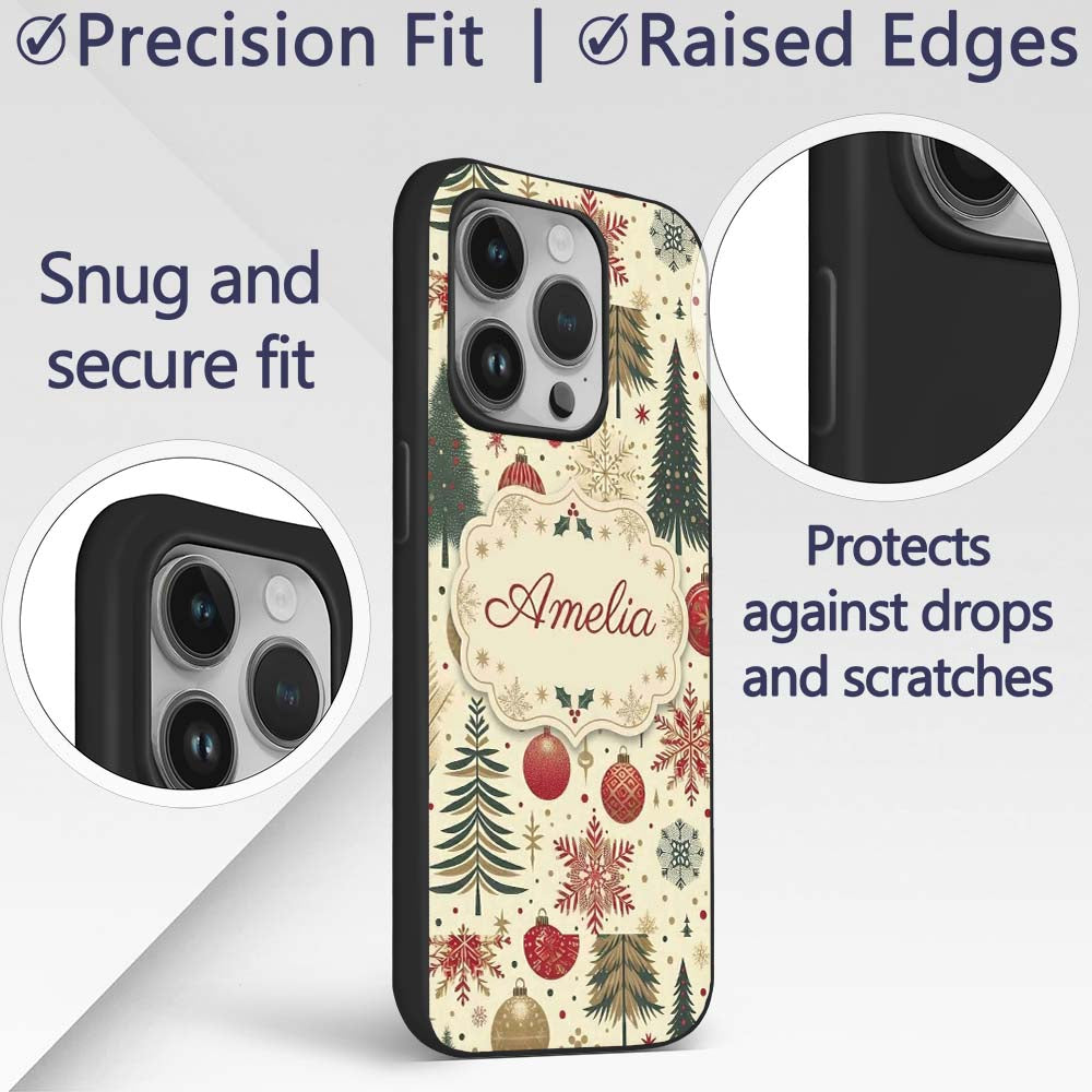 Vintage Christmas Trees Baubles Snowflakes Red Custom Name Protective Phone Case Mobile Cover Durable Everyday Smartphone Shock Resistant
