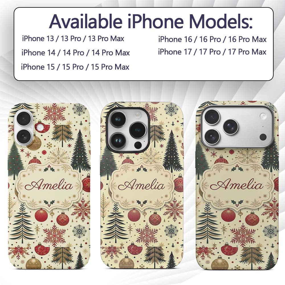 Vintage Christmas Trees Baubles Snowflakes Red Custom Name Protective Phone Case Mobile Cover Durable Everyday Smartphone Shock Resistant