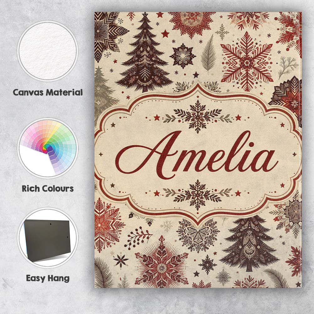 Personalised Name Elegant Snowflake Winter Custom  Bespoke Contemporary Statement Canvas Wall Art Print Decor Picture Ready to Hang