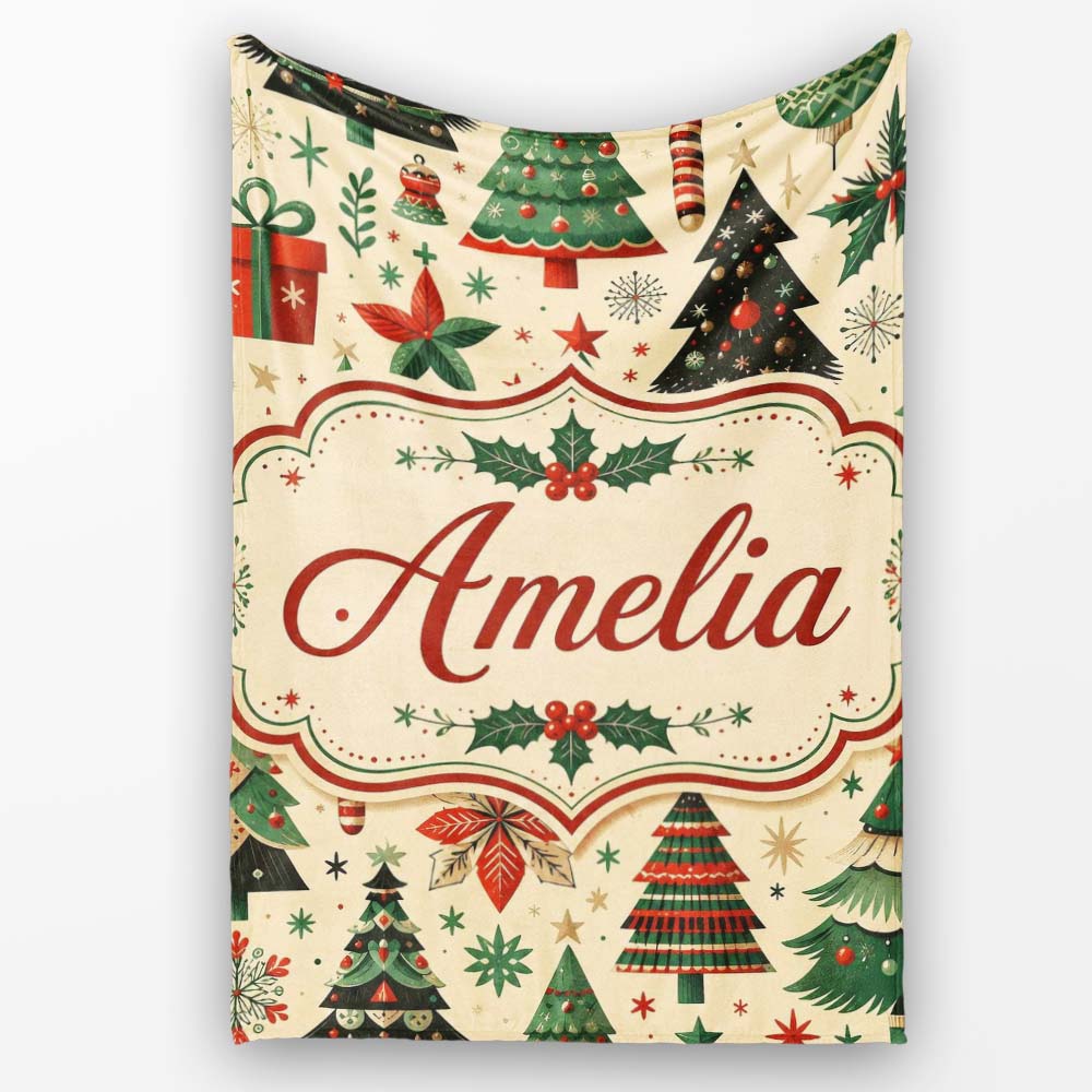 Modern Christmas Trees Gifts Stars Ornaments Festive Seamless Lovely  Personalised Custom Name Super Soft Fleece Blanket Bed Sofa Throw