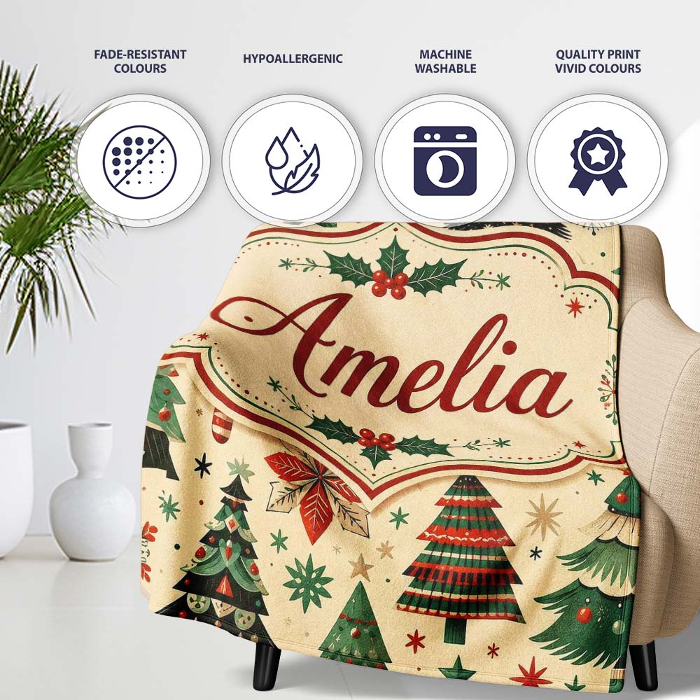 Modern Christmas Trees Gifts Stars Ornaments Festive Seamless Lovely  Personalised Custom Name Super Soft Fleece Blanket Bed Sofa Throw