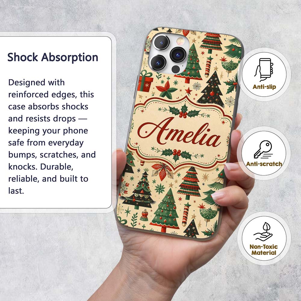 Modern Christmas Trees Gifts Stars Ornaments Custom Name Protective Phone Case Mobile Cover Durable Everyday Smartphone Shock Resistant