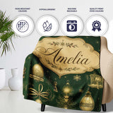 Luxury Gold Christmas Ornaments Lantern Stars Dark Green Seamless  Personalised Custom Name Super Soft Fleece Blanket Bed Sofa Throw