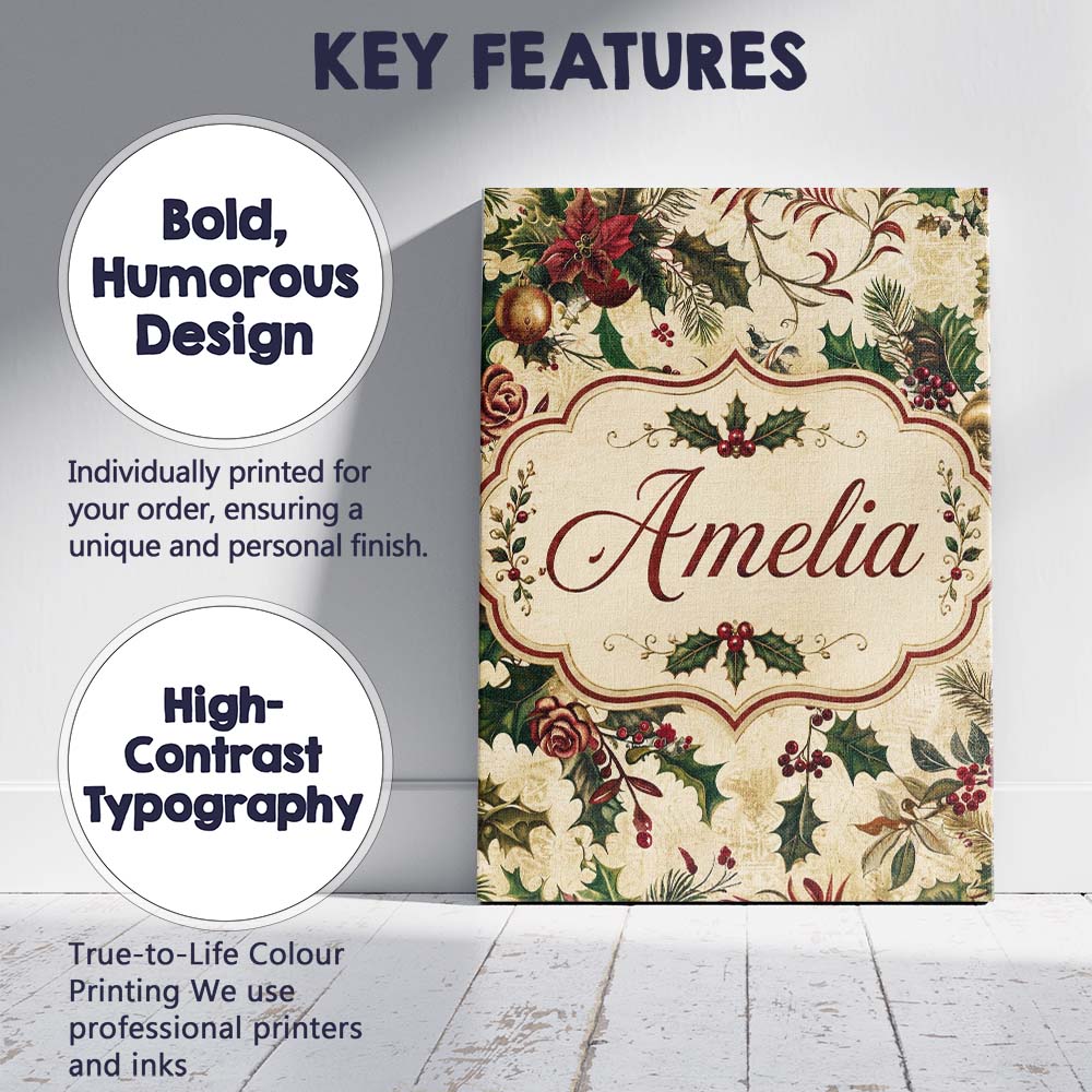 Personalised Name Classic Christmas Floral Custom  Unique Gift Idea Elegant Feature Canvas Wall Art Print Decor Picture Ready to Hang