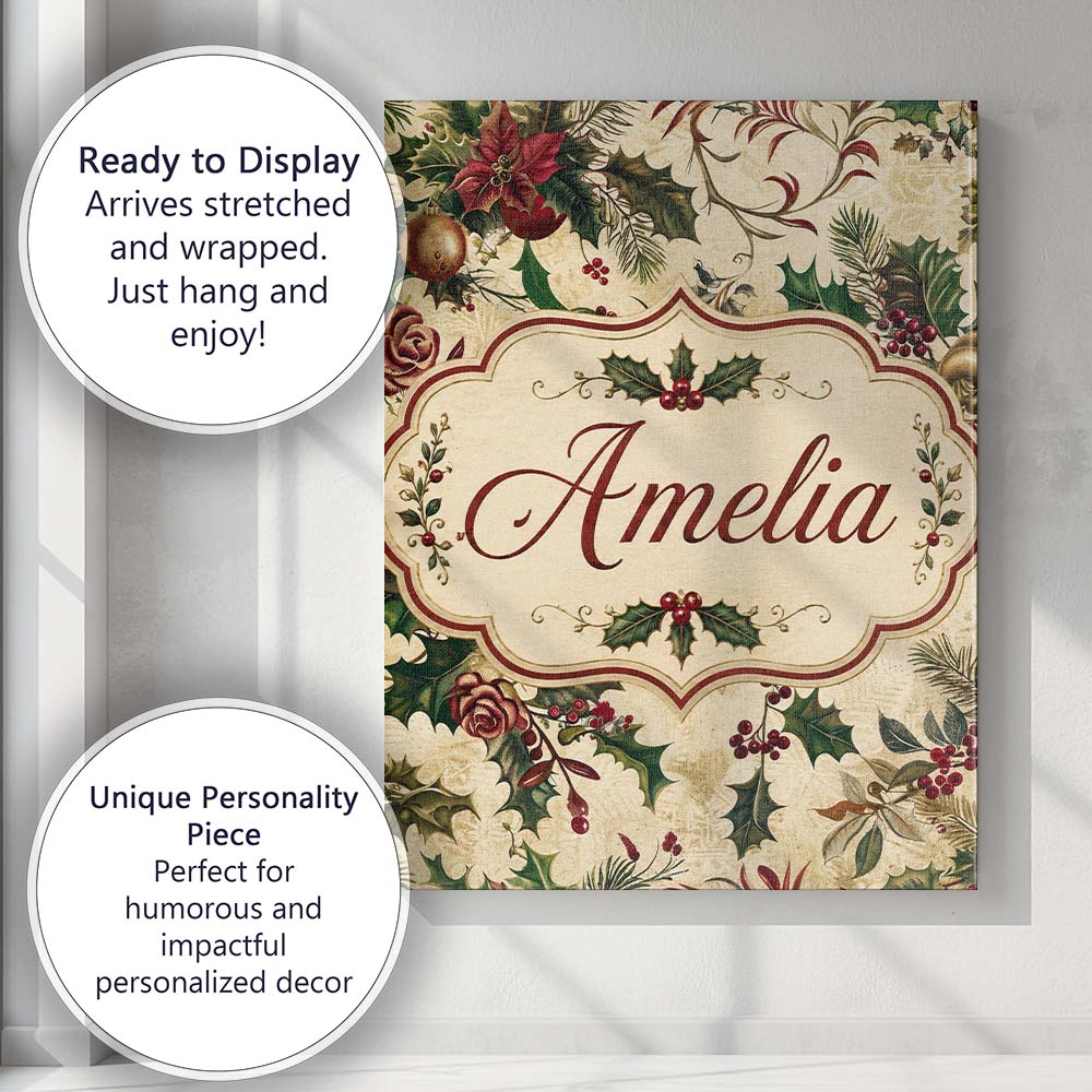 Personalised Name Classic Christmas Floral Custom  Unique Gift Idea Elegant Feature Canvas Wall Art Print Decor Picture Ready to Hang