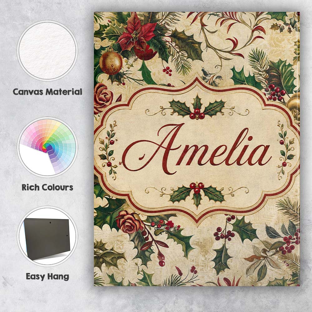 Personalised Name Classic Christmas Floral Custom  Unique Gift Idea Elegant Feature Canvas Wall Art Print Decor Picture Ready to Hang