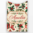 Festive Christmas Gifts Stockings Holly Leaves Bells Seamless Lovely  Personalised Custom Name Super Soft Fleece Blanket Bed Sofa Throw