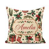 Custom Name Festive Christmas Gifts Stockings Holly Leaves Bells Square Filled Cushion Throw Pillow Sofa Bed Home Decor Zip Washable UK Made