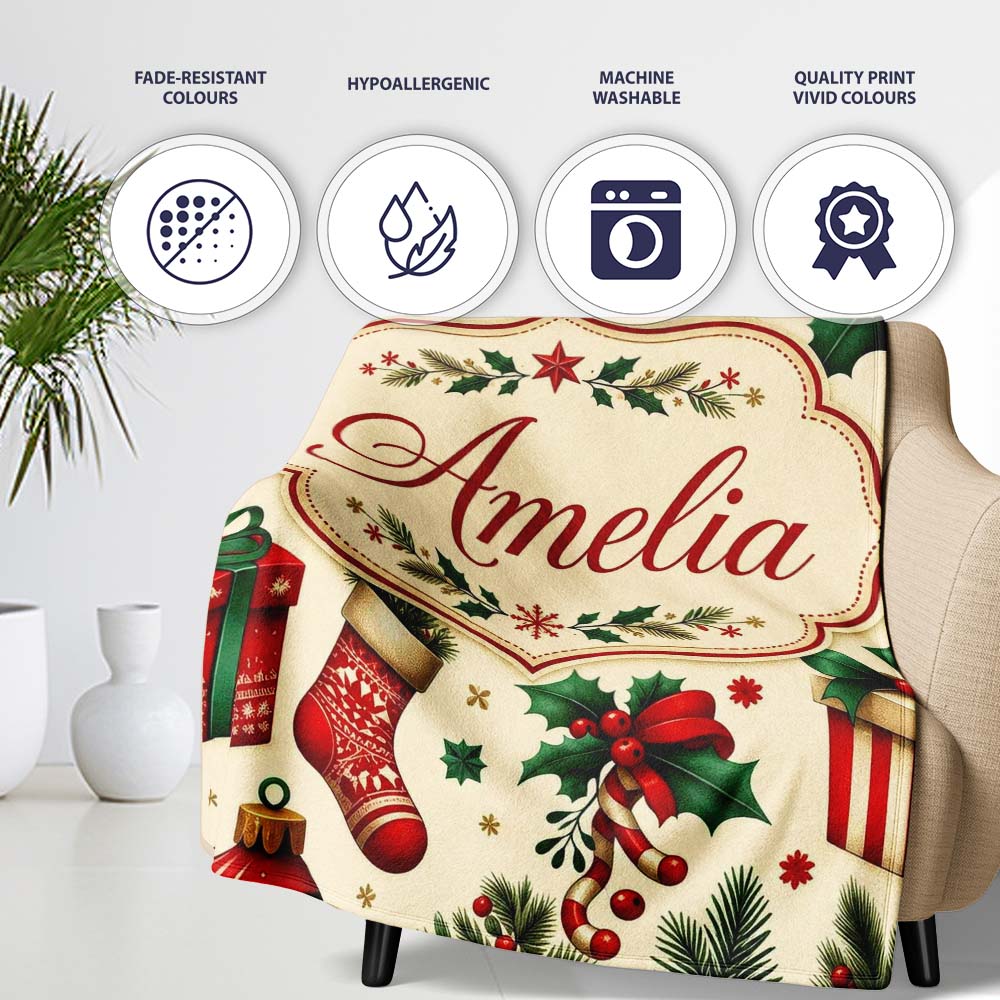 Festive Christmas Gifts Stockings Holly Leaves Bells Seamless Lovely  Personalised Custom Name Super Soft Fleece Blanket Bed Sofa Throw