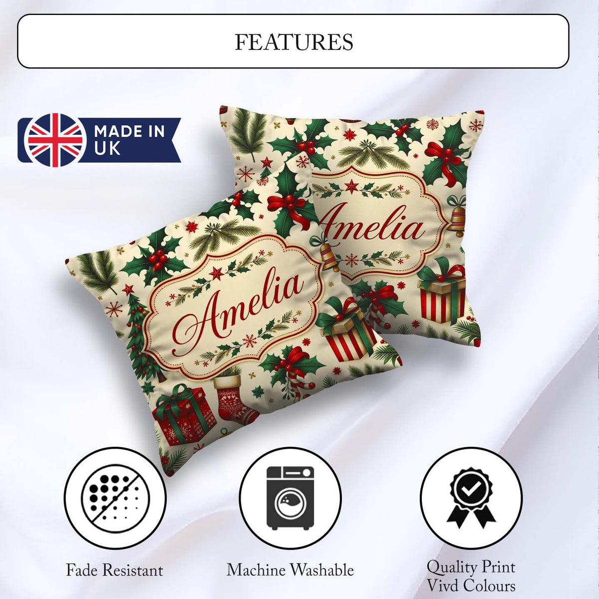 Custom Name Festive Christmas Gifts Stockings Holly Leaves Bells Square Filled Cushion Throw Pillow Sofa Bed Home Decor Zip Washable UK Made