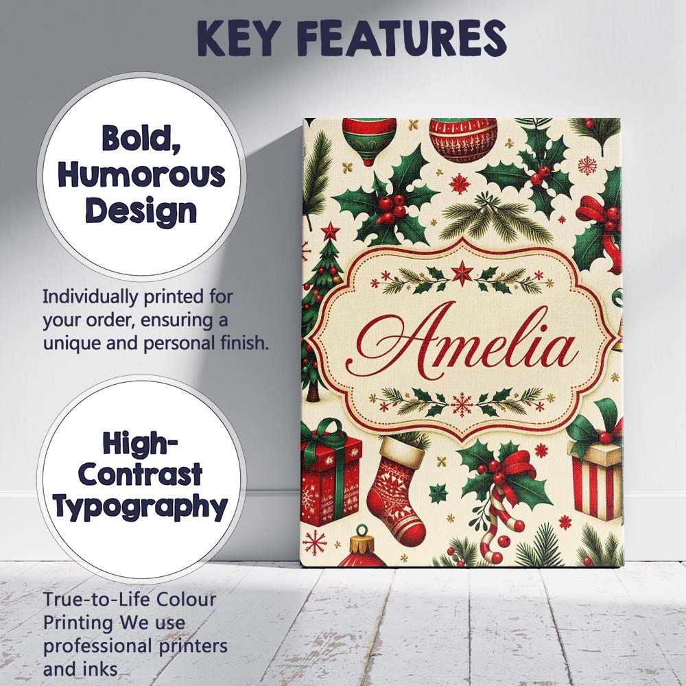 Personalised Name Festive Christmas Gifts Custom  Unique Gift Idea Elegant Feature Canvas Wall Art Print Decor Picture Ready to Hang