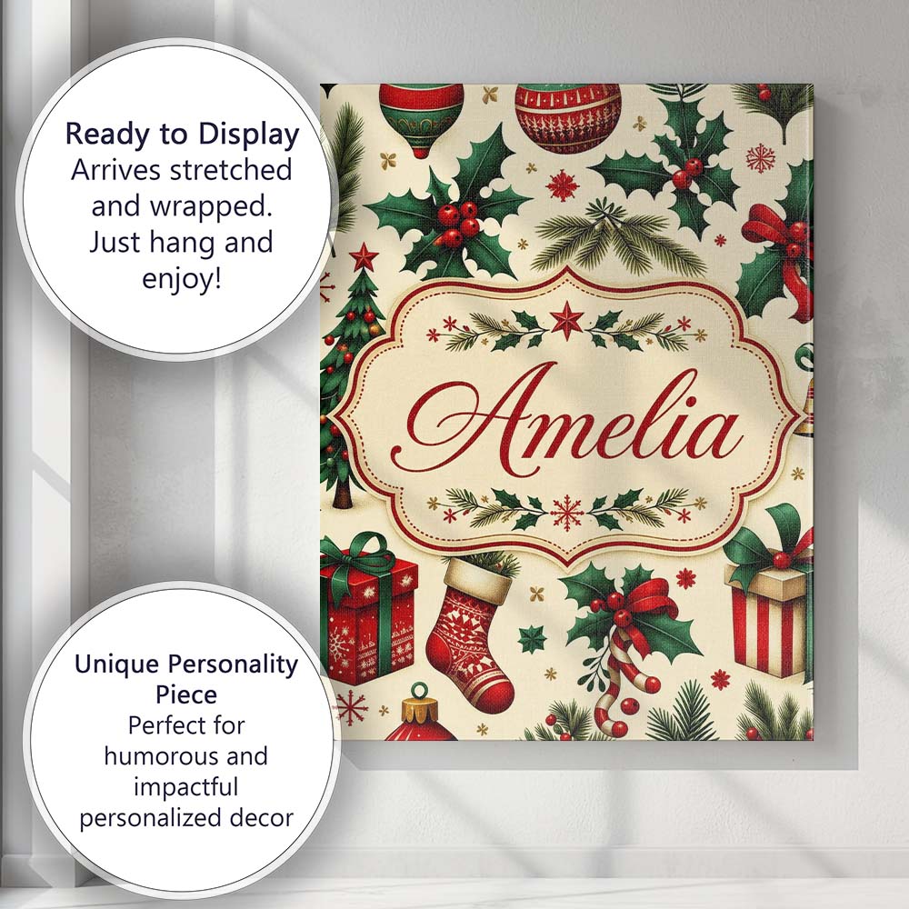 Personalised Name Festive Christmas Gifts Custom  Unique Gift Idea Elegant Feature Canvas Wall Art Print Decor Picture Ready to Hang