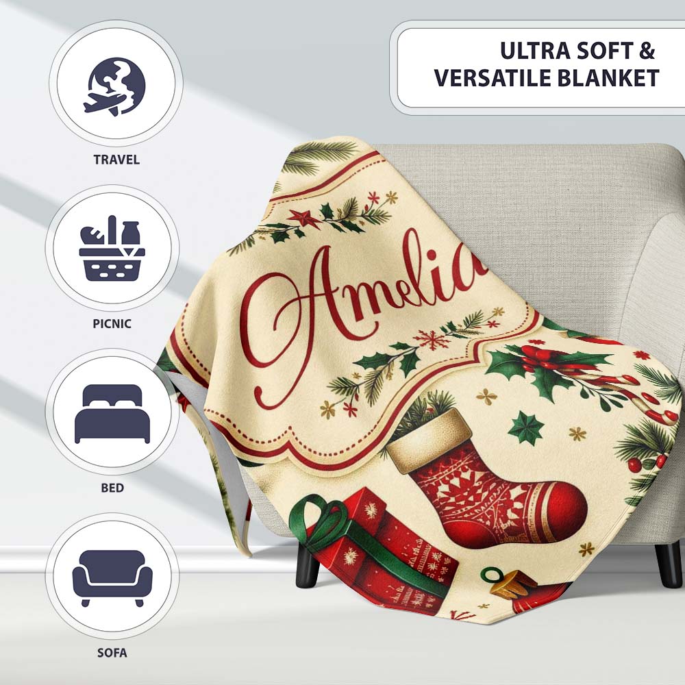 Festive Christmas Gifts Stockings Holly Leaves Bells Seamless Lovely  Personalised Custom Name Super Soft Fleece Blanket Bed Sofa Throw
