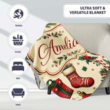 Festive Christmas Gifts Stockings Holly Leaves Bells Seamless Lovely  Personalised Custom Name Super Soft Fleece Blanket Bed Sofa Throw