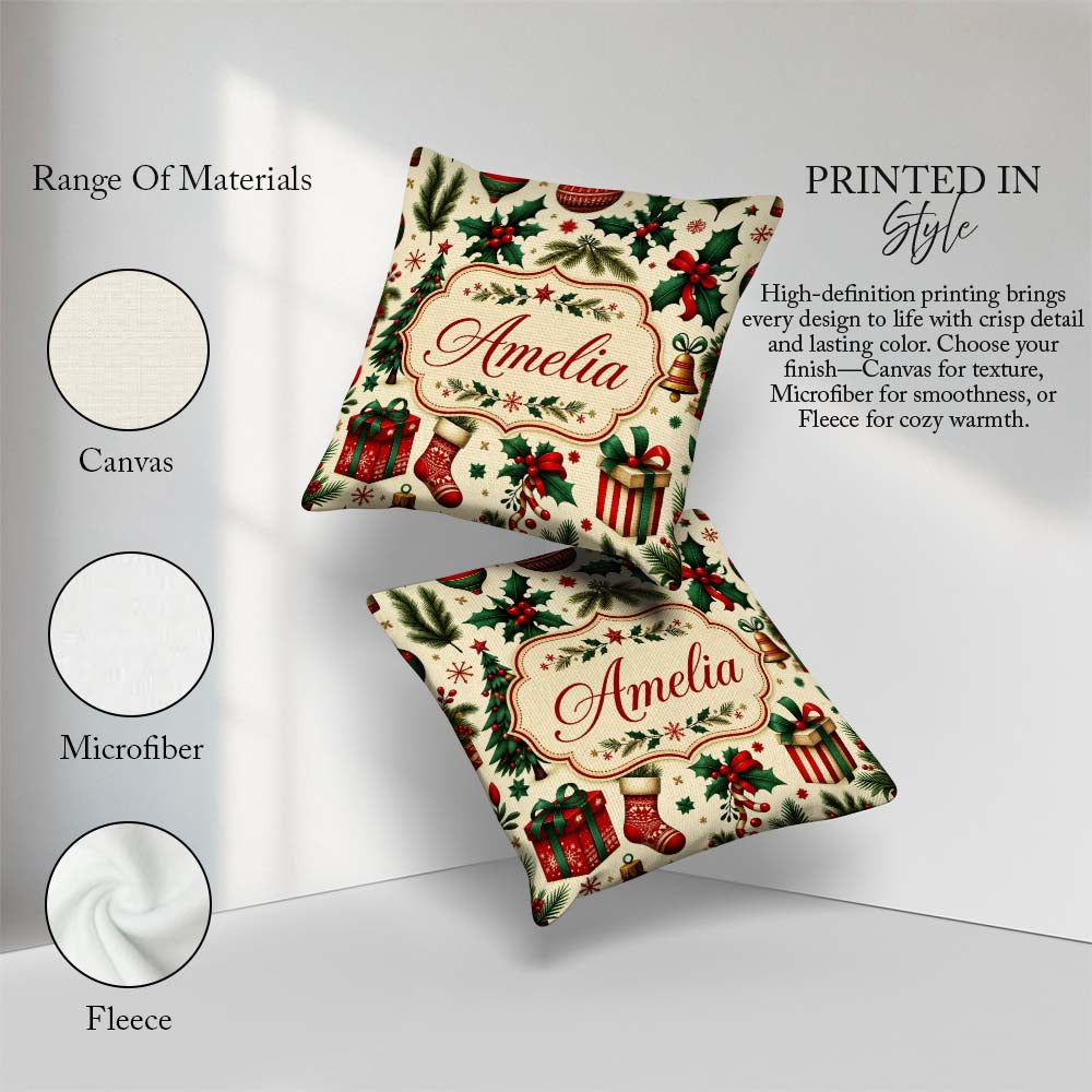 Custom Name Festive Christmas Gifts Stockings Holly Leaves Bells Square Filled Cushion Throw Pillow Sofa Bed Home Decor Zip Washable UK Made