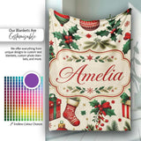 Festive Christmas Gifts Stockings Holly Leaves Bells Seamless Lovely  Personalised Custom Name Super Soft Fleece Blanket Bed Sofa Throw