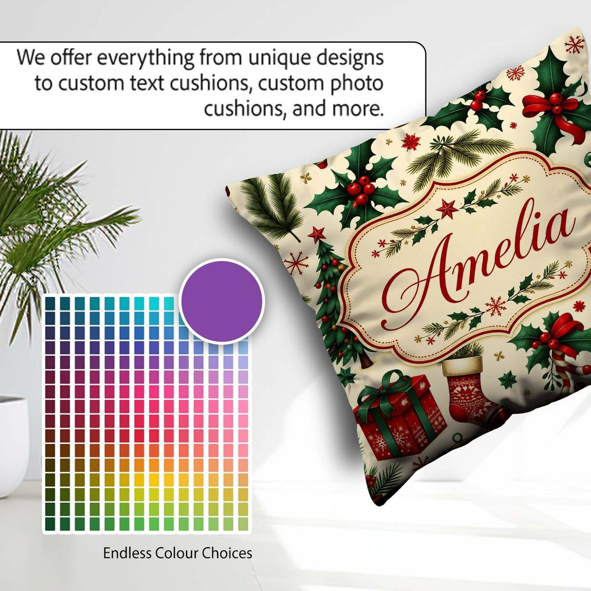 Custom Name Festive Christmas Gifts Stockings Holly Leaves Bells Square Filled Cushion Throw Pillow Sofa Bed Home Decor Zip Washable UK Made