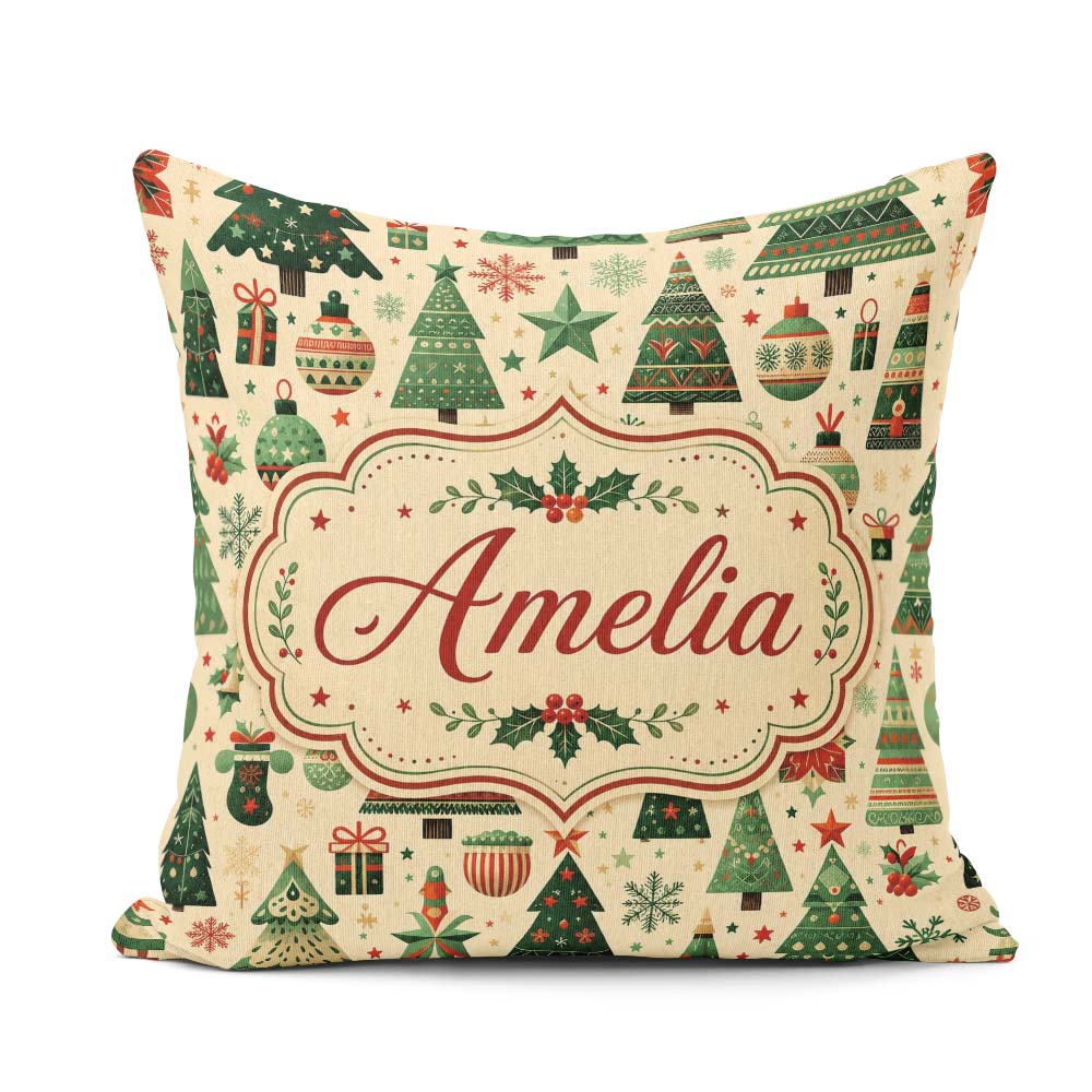 Custom Name Scandinavian Christmas Trees Ornaments Style Pattern Square Filled Cushion Throw Pillow Sofa Bed Home Decor Zip Washable UK Made