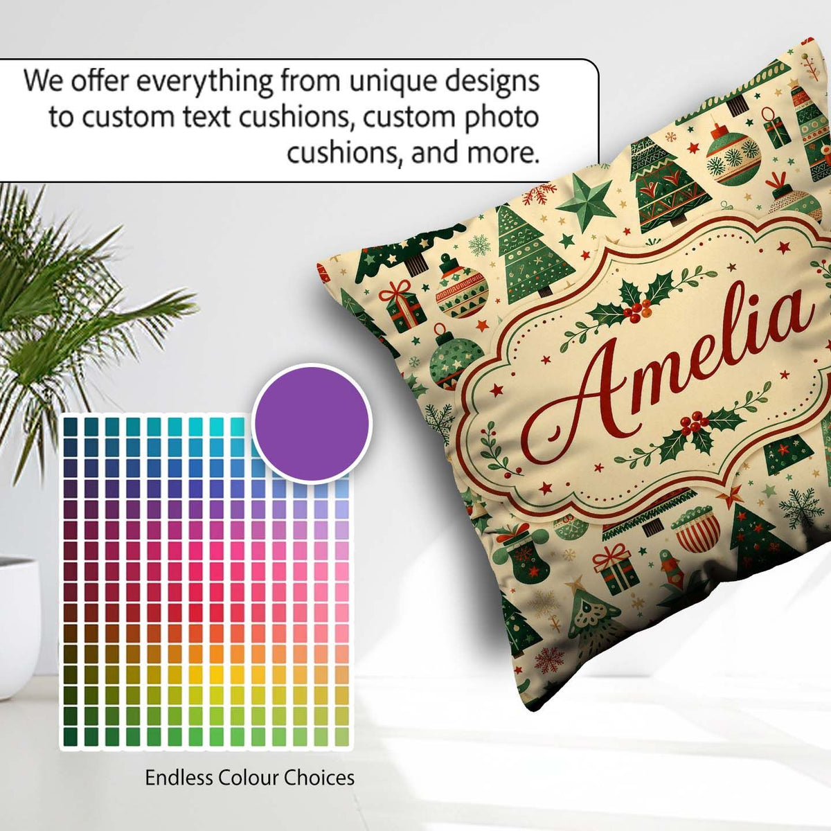 Custom Name Scandinavian Christmas Trees Ornaments Style Pattern Square Filled Cushion Throw Pillow Sofa Bed Home Decor Zip Washable UK Made