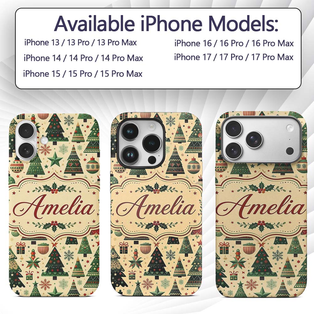 Scandinavian Christmas Trees Ornaments Nordic Custom Name Protective Phone Case Mobile Cover Durable Everyday Smartphone Shock Resistant