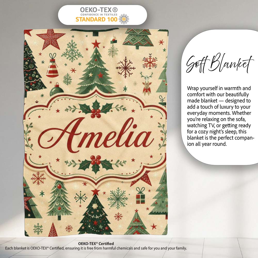 Christmas Trees Stars Snowflakes Holiday Seamless Pattern Lovely  Personalised Custom Name Super Soft Fleece Blanket Bed Sofa Throw