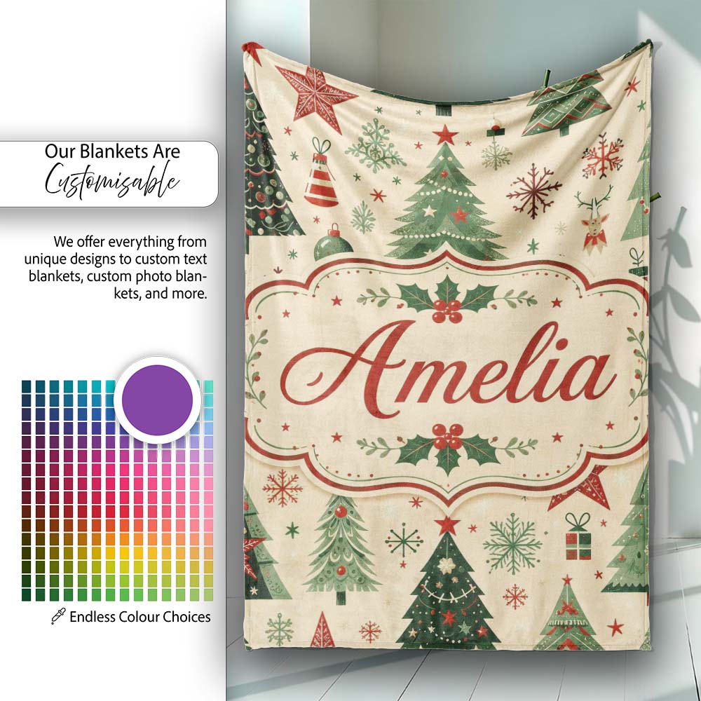 Christmas Trees Stars Snowflakes Holiday Seamless Pattern Lovely  Personalised Custom Name Super Soft Fleece Blanket Bed Sofa Throw