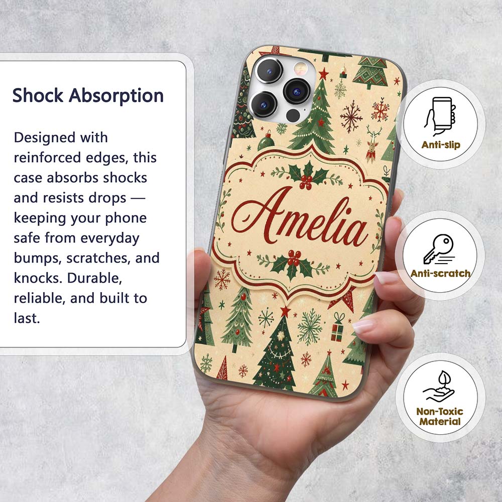 Christmas Trees Stars Snowflakes Holiday Seamless Custom Name Protective Phone Case Mobile Cover Durable Everyday Smartphone Shock Resistant
